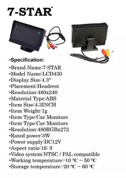 4.3" MINI LCD MONITOR FOR VEHICLE REARVIEW CAMERA