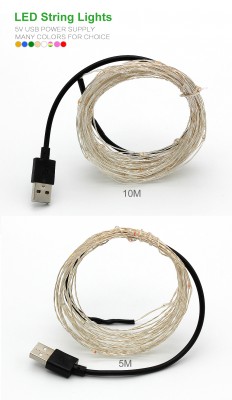 USB LED 10M FAIRY LIGHT SILVER WIRE RED LED