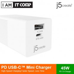 J5CREATE  45W 2-PORT DYNAMIC PD USB-C MINI CHARGER JUP2445