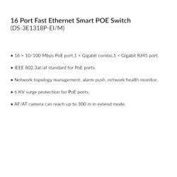 16 Port Fast Ethernet Smart POE Switch | DS-3E1318P-EI/M