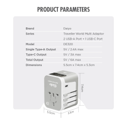 DAIYO DE320 TRAVEL ADAPTER 3 TYPE C + 2 TYPE A CHARGER